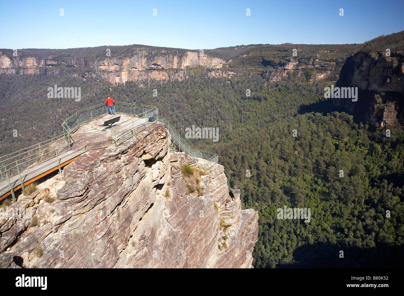 Tourist on Pulpit Rock Grose Valley near Blackheath Blue Mountains New South Wales Australia Stock Photo
