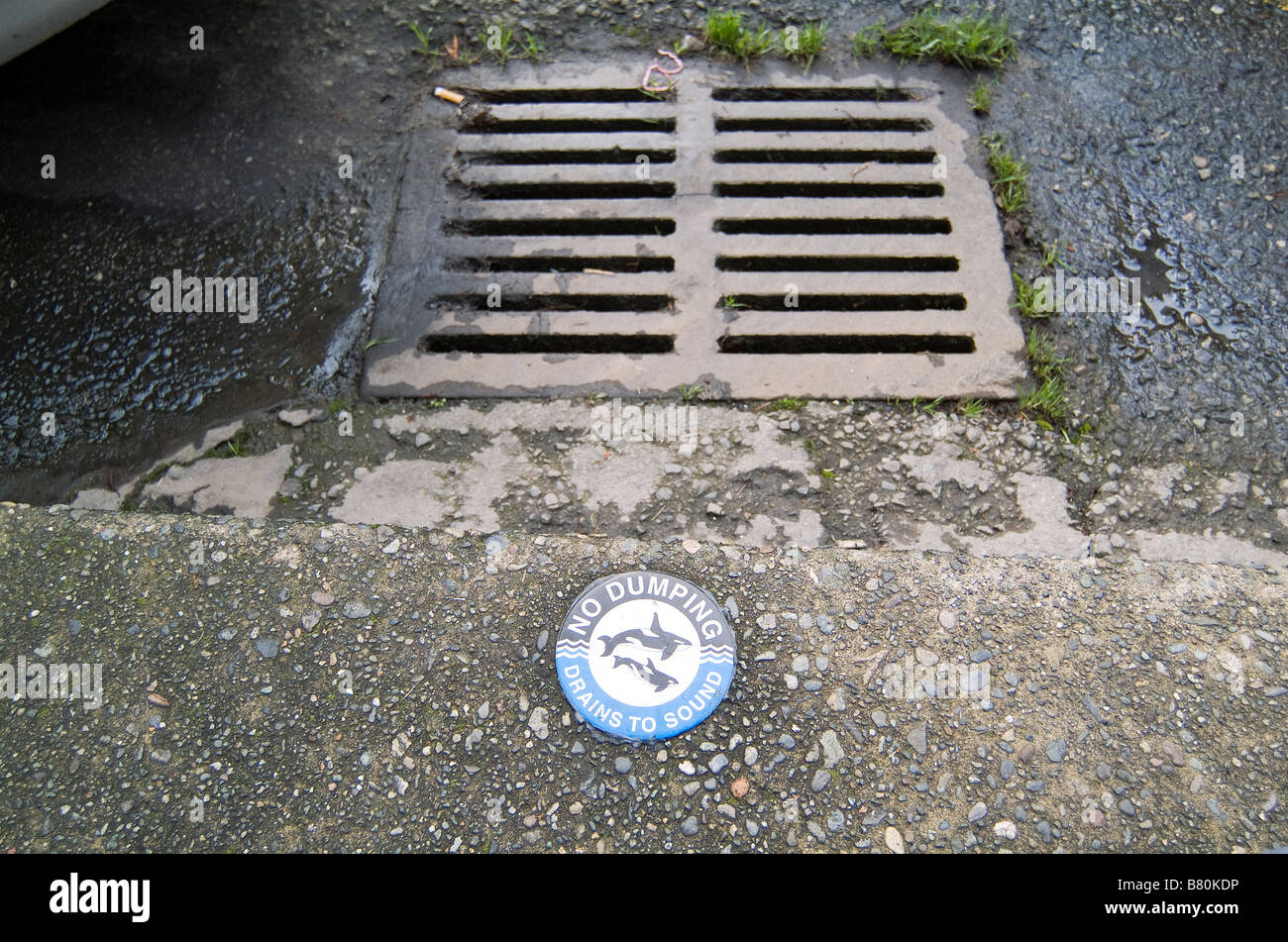 'No dumping' sign posted beside dirty storm drain. Stock Photo