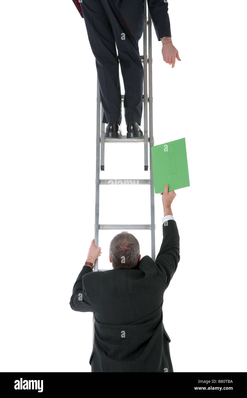 Two businessmen on a ladder one passing a file to the other isolated on a white background Stock Photo