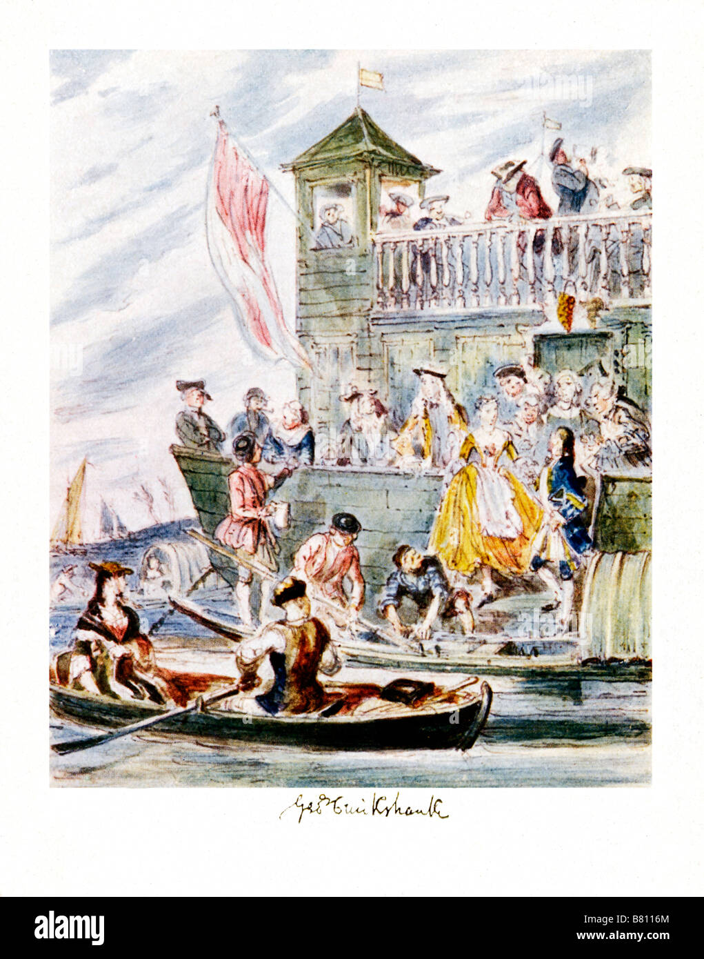 The Folly Floating Tavern on the Thames illustration by George Cruikshank of the Georgian water borne den of iniquity Stock Photo