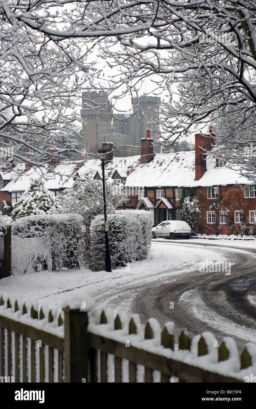 Bridge End and Warwick Castle with snow, Warwick, Warwickshire, England