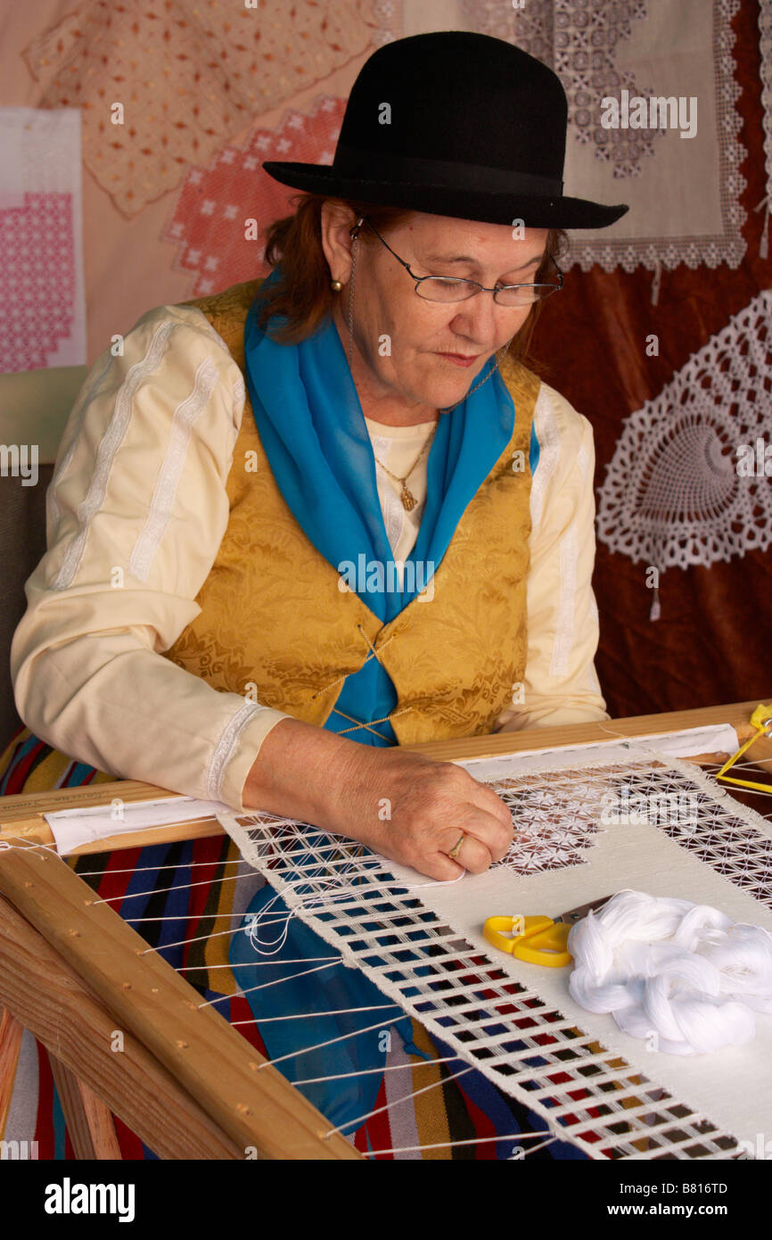 Spanish woman working on embroidery on Gran Canaria in the Canary islands Stock Photo