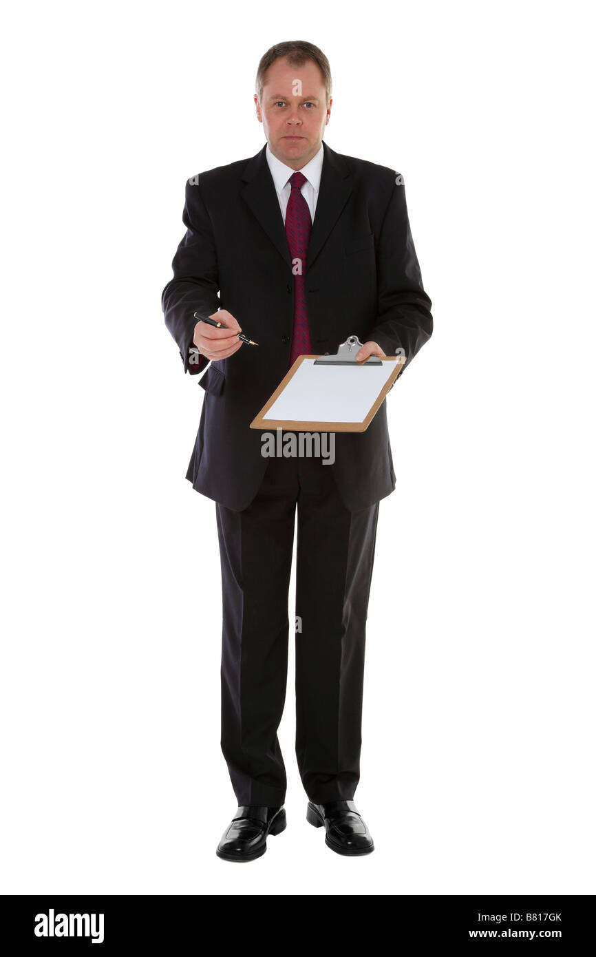 Businessman offering a blank document and a pen for a signature isolated on a white background Stock Photo