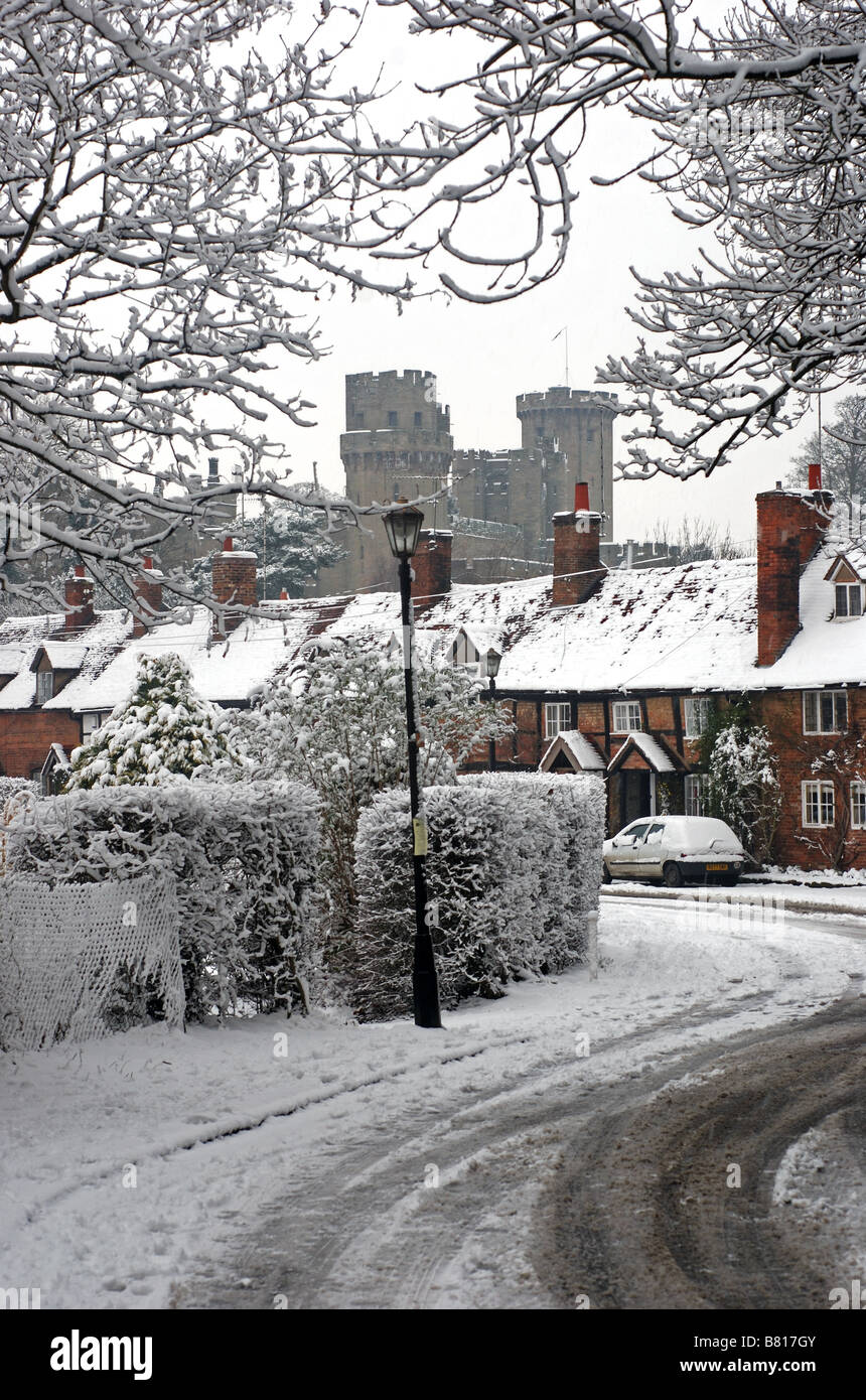 Bridge End and Warwick Castle with snow, Warwick, Warwickshire, England