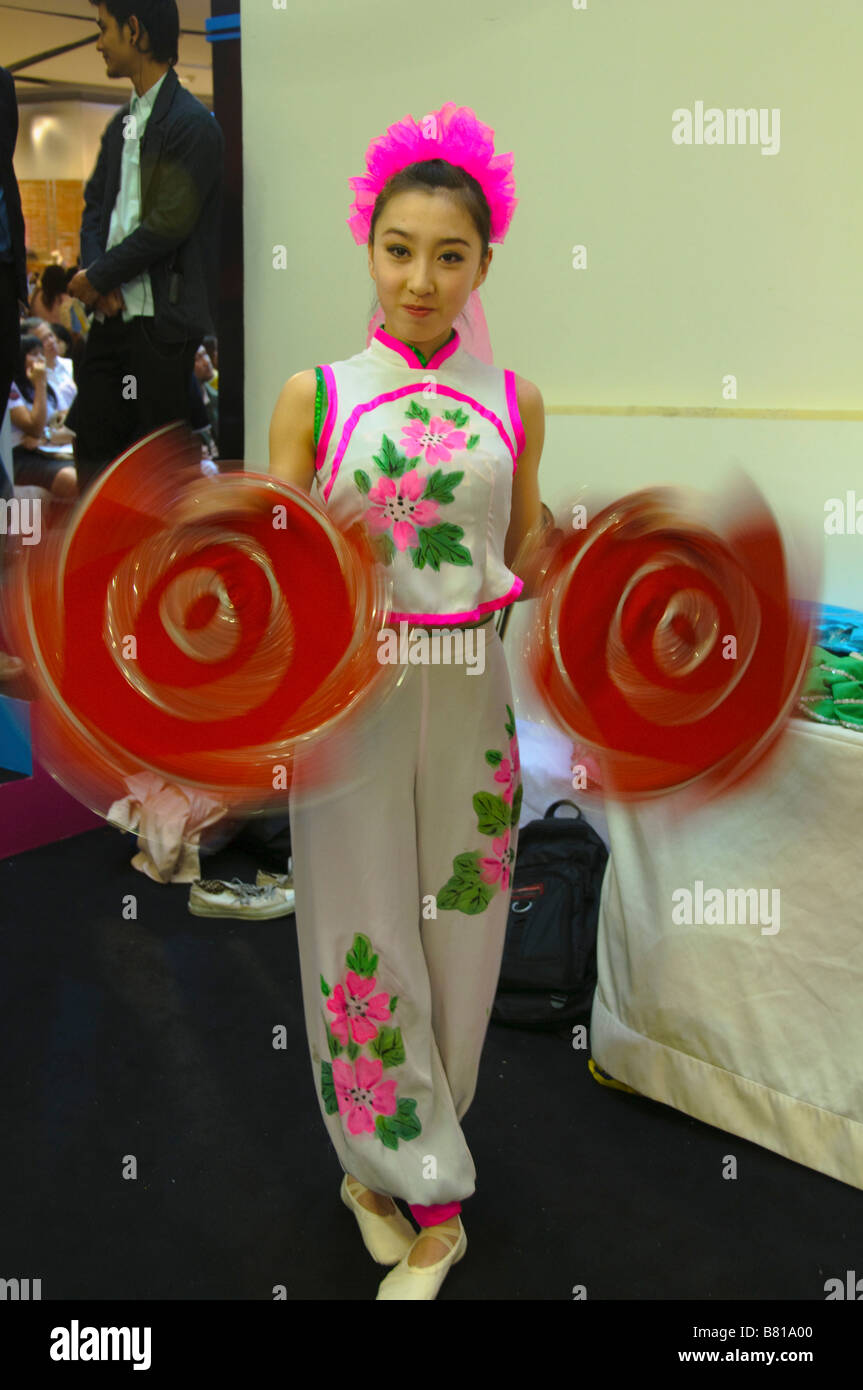 Chinese performer practicing backstage at Chinese New Year show in Bangkok Thailand Stock Photo