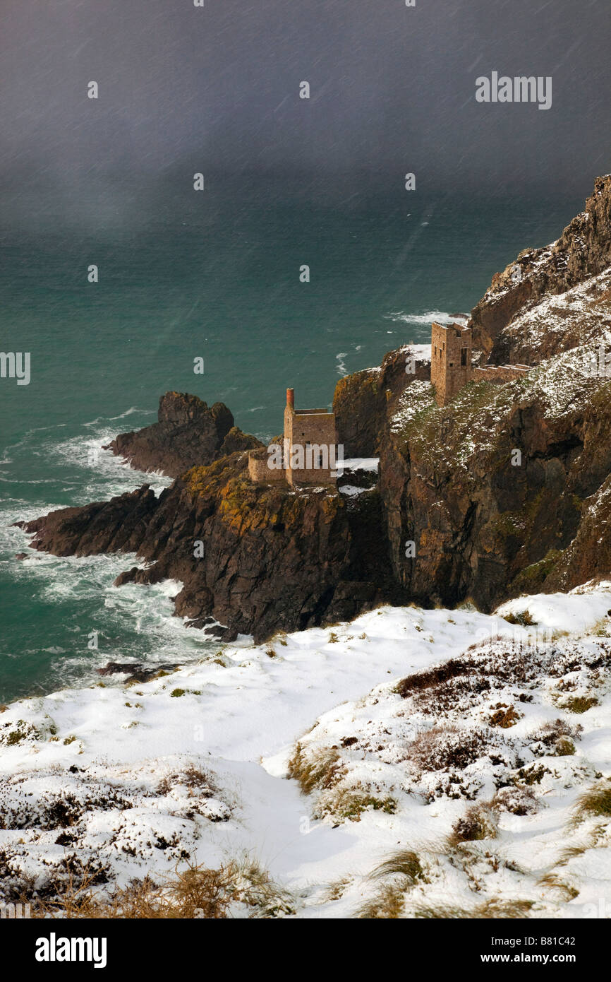 the crowns engine houses botallack cornwall in snow Stock Photo