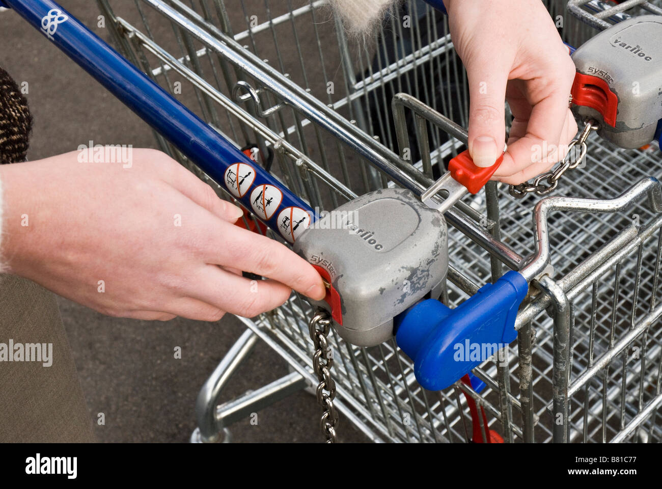 Inserting Coin to release a Supermarket Trolley Stock Photo - Alamy