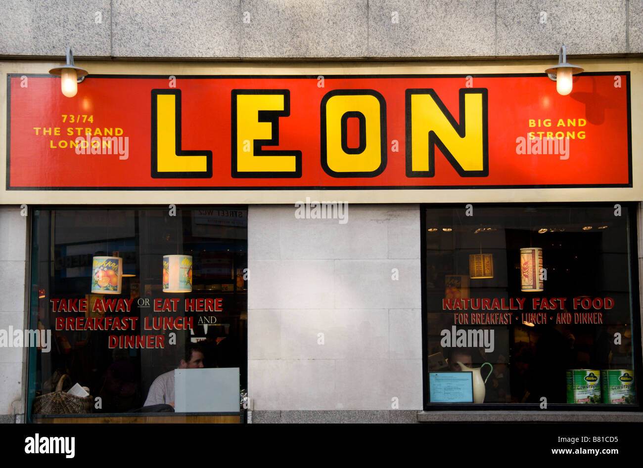 A shop sign above the Leon restaurant on The Strand, London. Jan 2009 Stock Photo