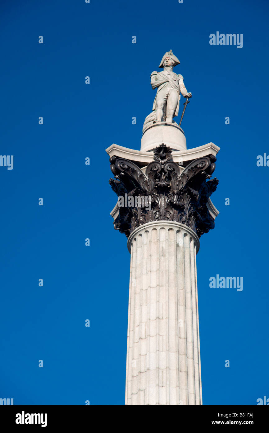 Off centre, vertical view of Nelson's Column in Trafalgar Square, London. Jan 2009. Stock Photo