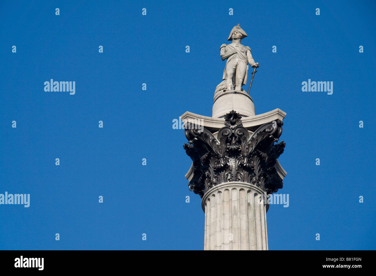 Off centre, horizontal view of Nelson's Column in Trafalgar Square, London. Jan 2009. Stock Photo