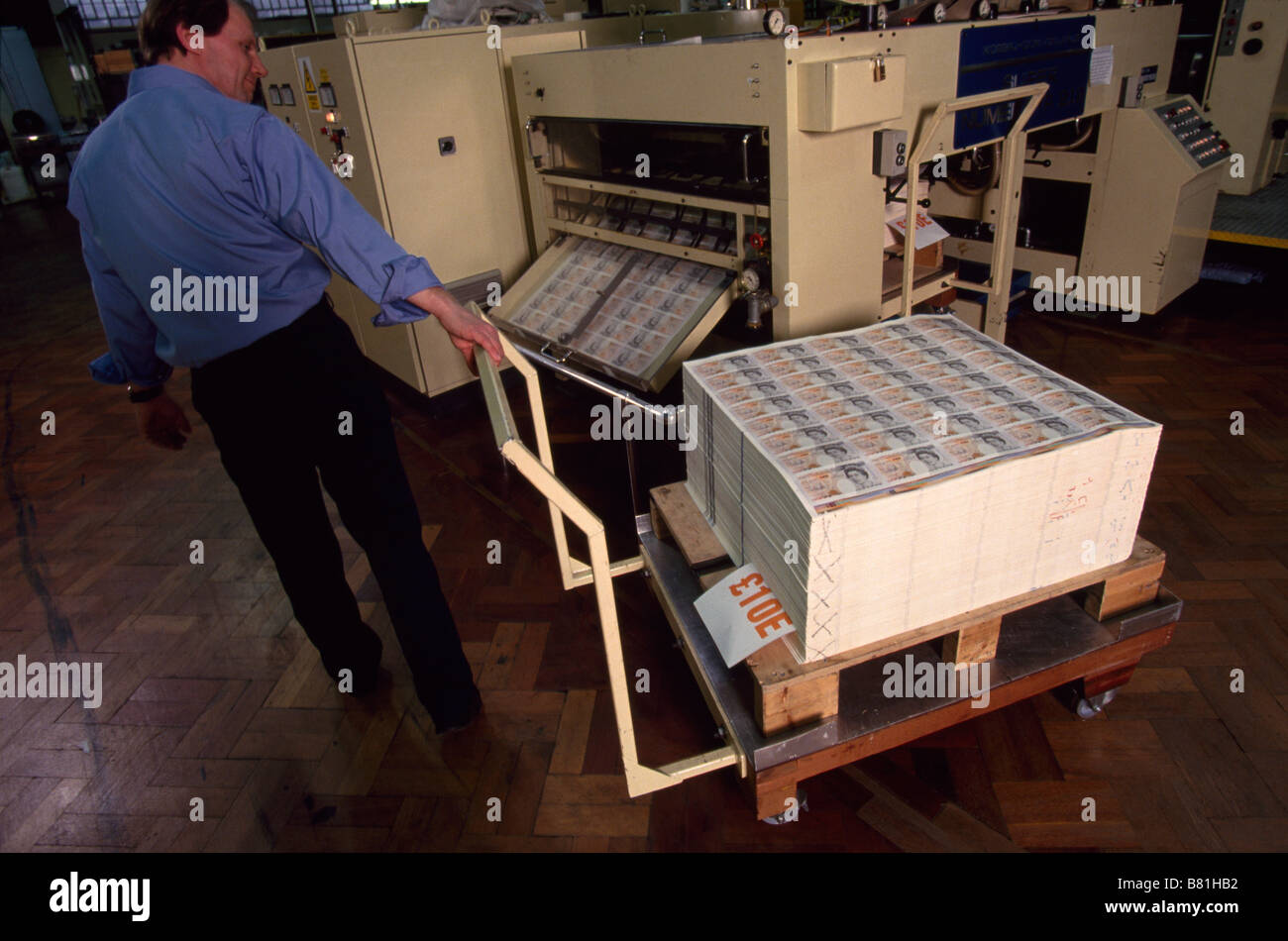 The Bank of England printing works, now De La Rue, in Debden Essex Newly printed sheets of 10