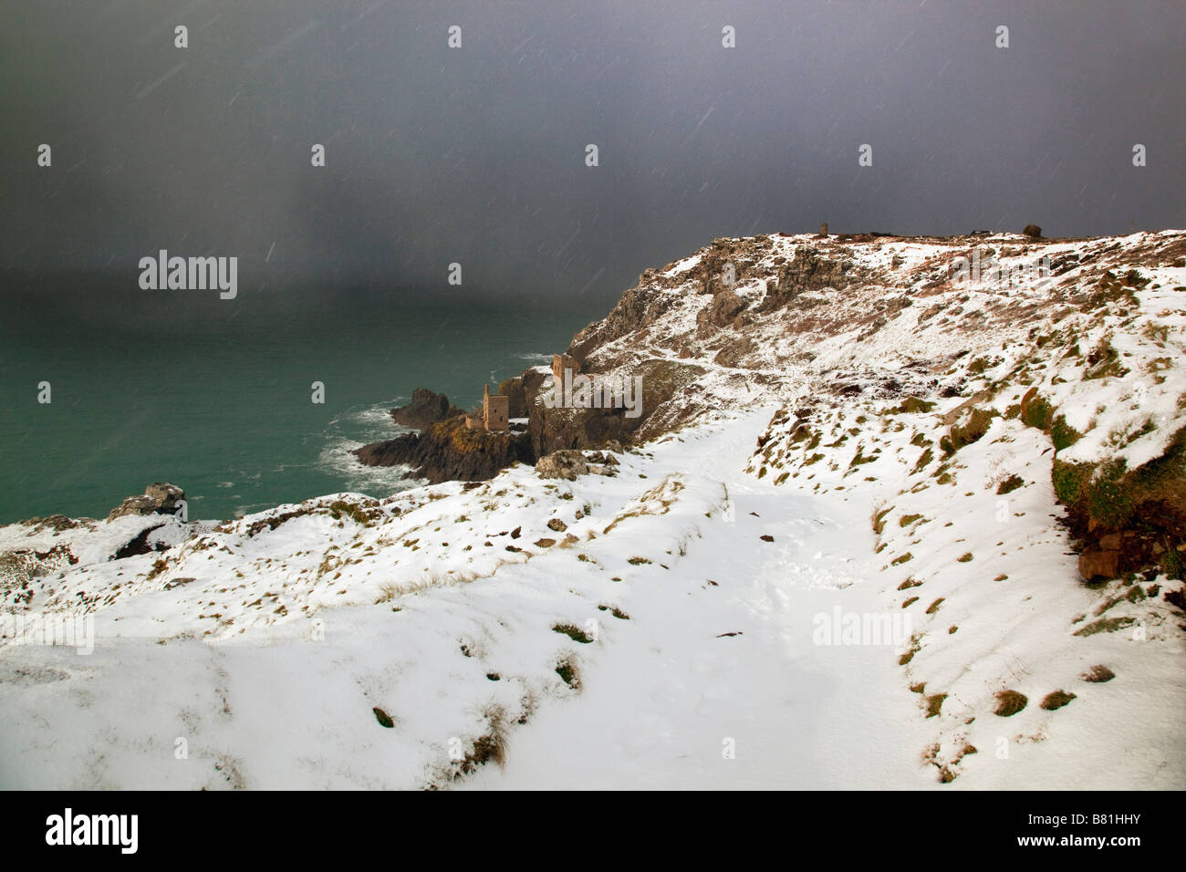 the crowns engine houses botallack cornwall in snow storm Stock Photo
