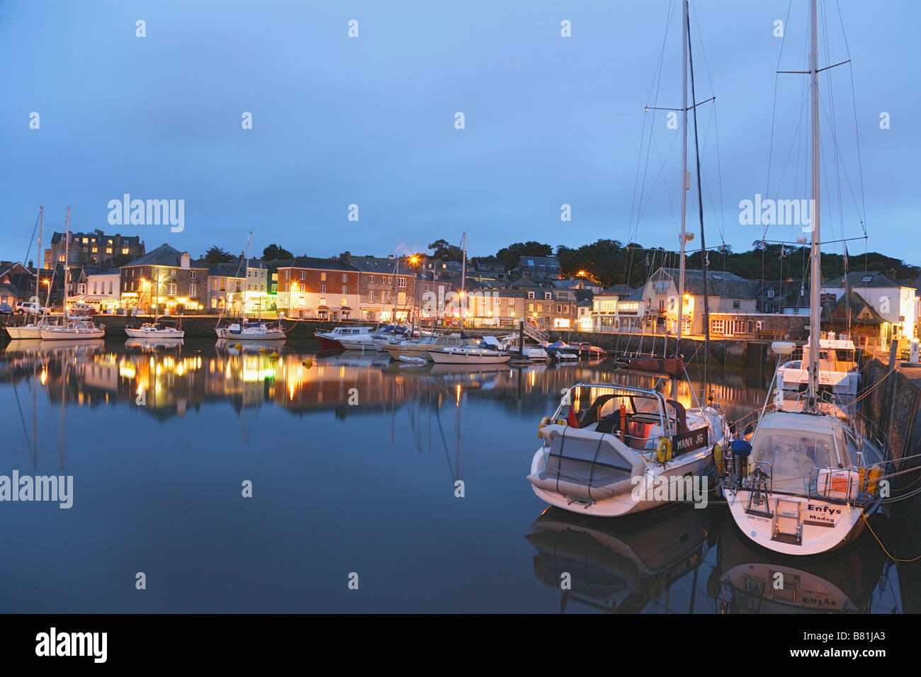 View over harbor and village in the evening Padstow Cornwall England United Kingdom Stock Photo
