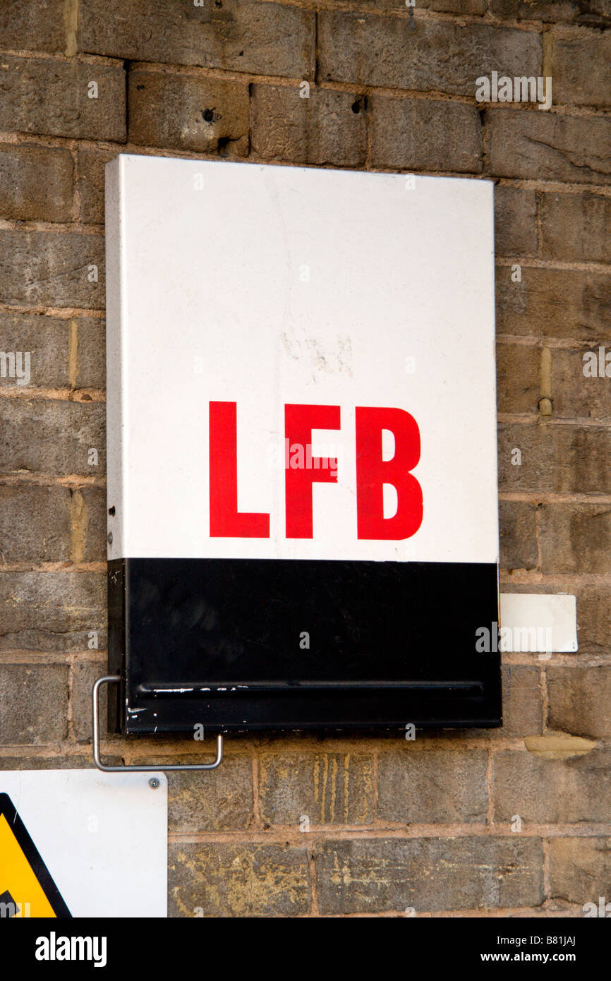 A London Fire Brigade safety/emergency box outside the main entrance to