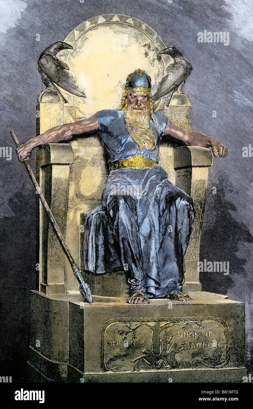 Odin, supreme god in Norse mythology. Hand-colored woodcut Stock Photo