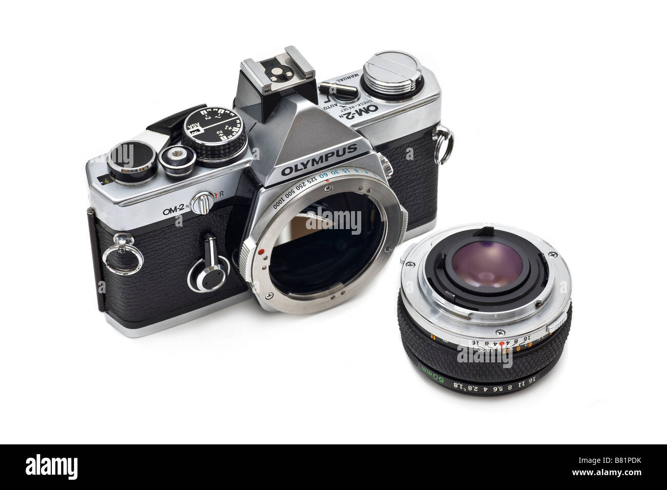 Olympus OM2 35mm sinle lens reflex camera showing interchangeable lens flange bayonet mount Stock Photo