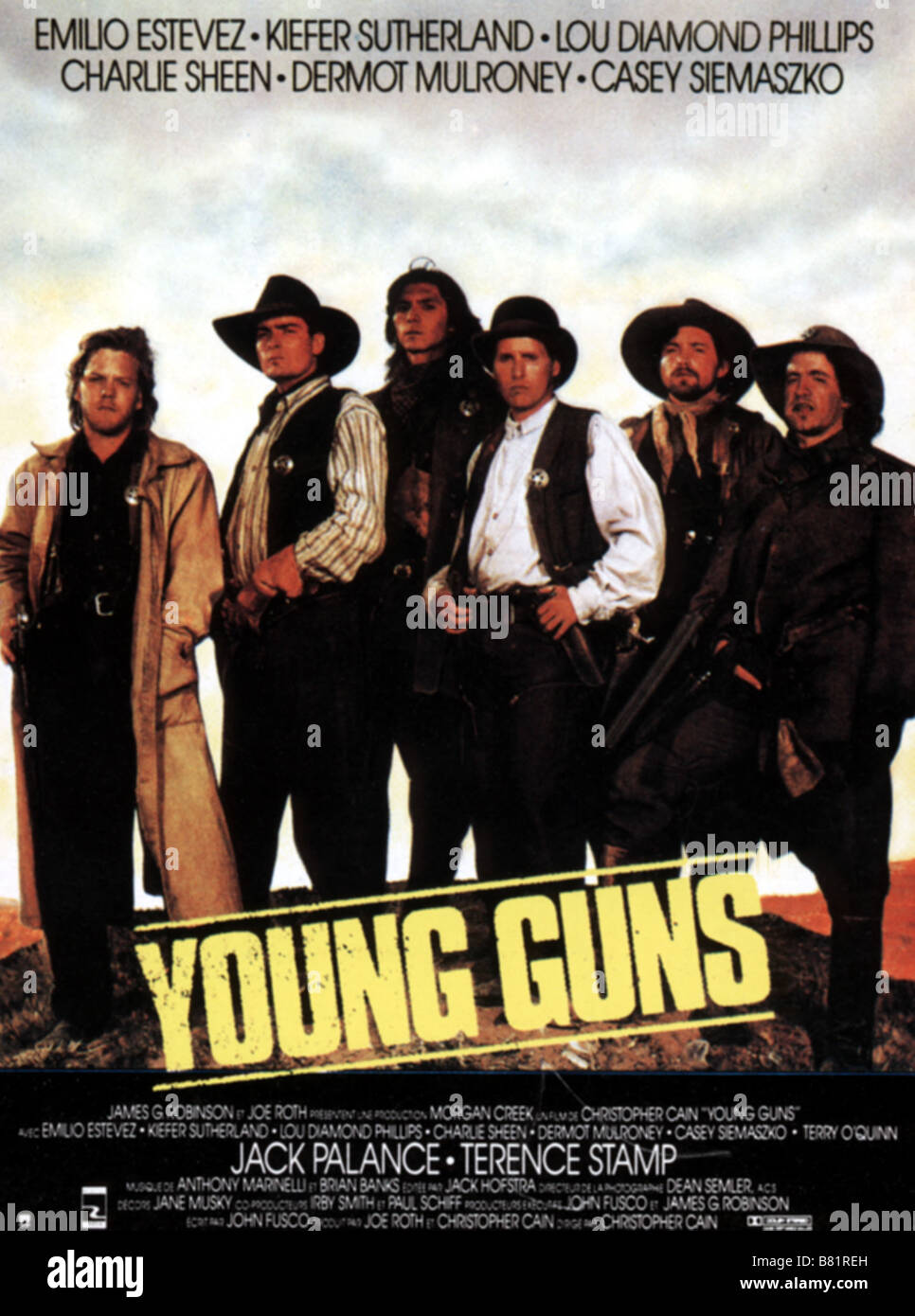 Young Guns Young Guns  Year: 1988 USA Kiefer Sutherland, Emilio Estevez, Charlie Sheen, Lou Diamond Phillips, Dermot Mulroney, Casey Siemaszko Affiche, Poster  Director: Christopher Cain Stock Photo