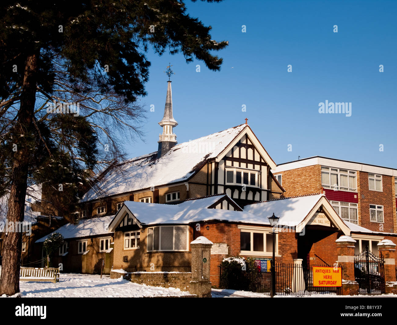 Snow covered Parish Church Memorial Hall, London Stock Photo