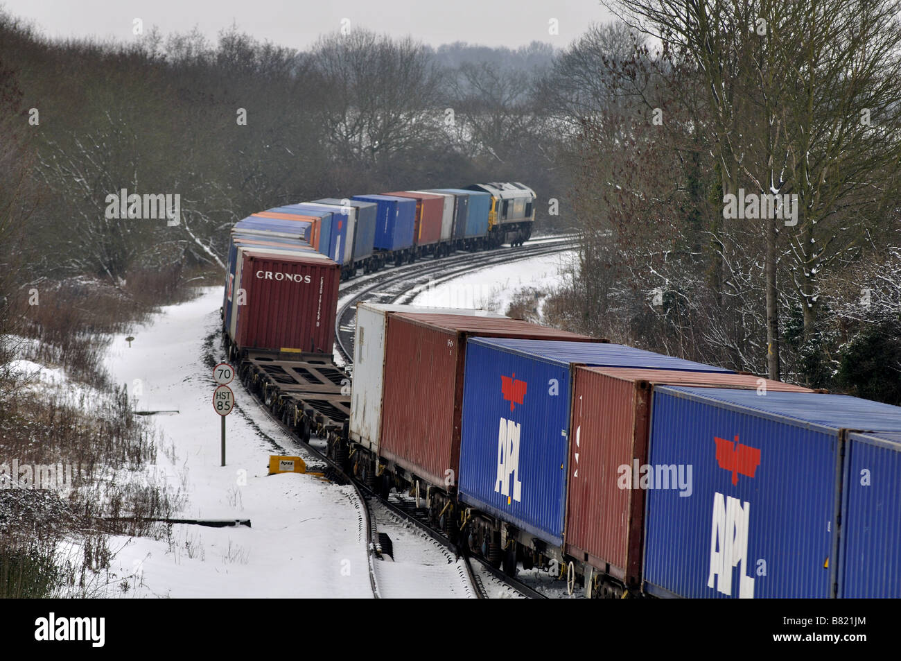 Freightliner train in snow, UK Stock Photo