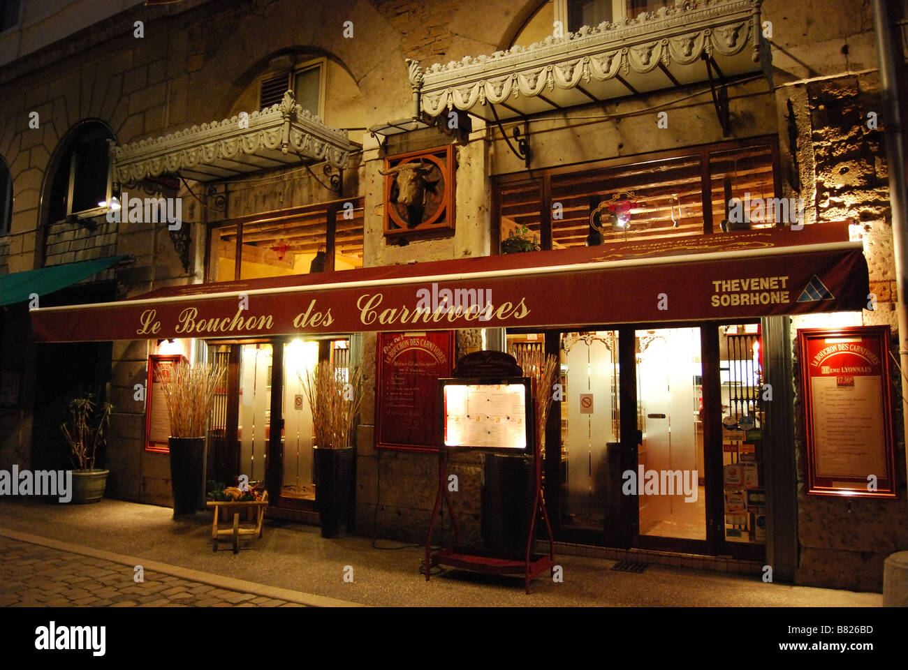 Evening shot of Lyonnaise bistro or Bouchon Stock Photo