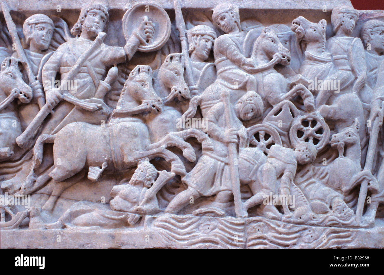 Carving of Hebrews Crossing the Red Sea on a c4th AD Christian Sarcophagus, from the Alyscamps Cemetery, Arles, Provence, France Stock Photo
