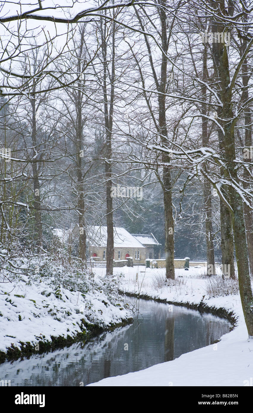 Snow covered walk by the Mill Stream, Arundel, West Sussex in winter Stock Photo
