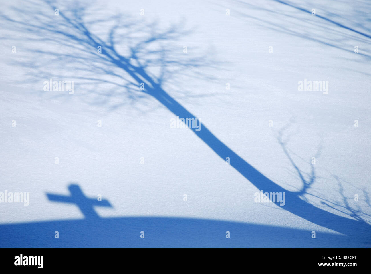Shadows of a tree and a cross on snow covered ground, Easter time Stock Photo