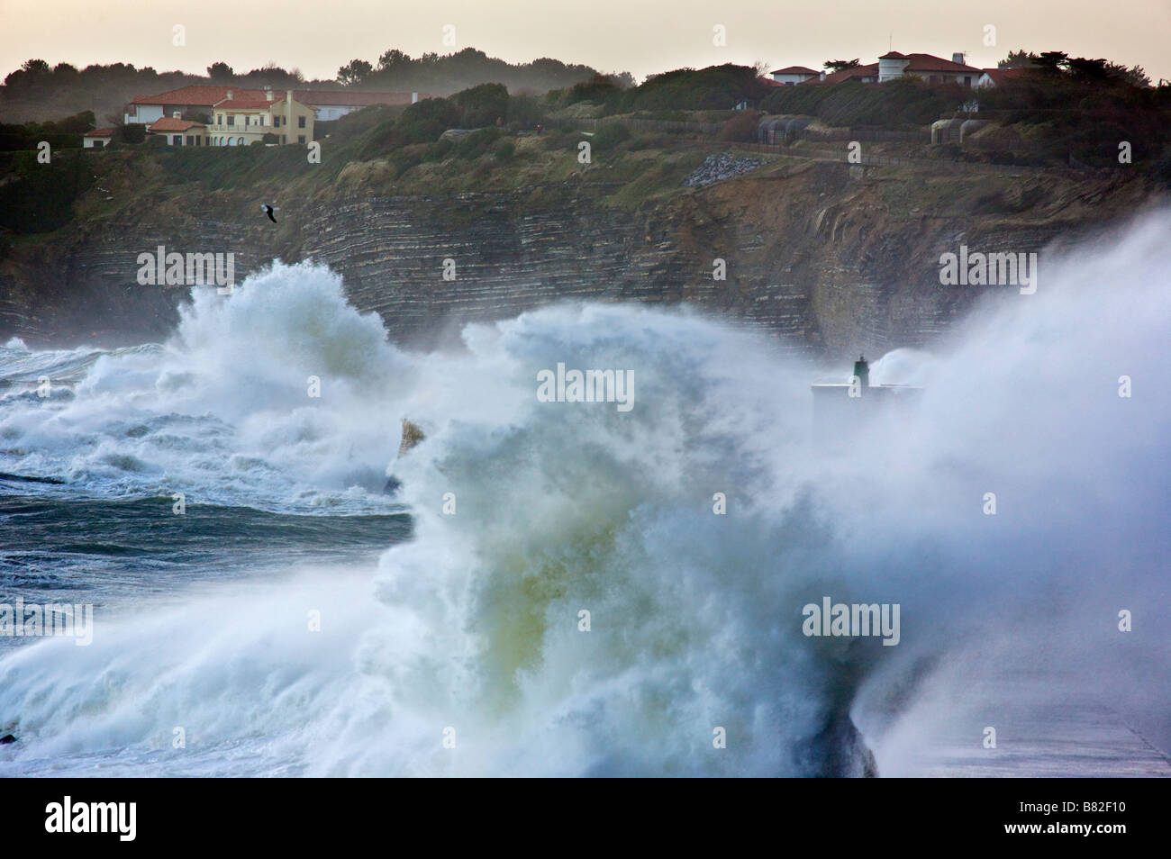 24 january 2009 KLaus storm breaking waves on Socoa dyke Pays Basque France Stock Photo