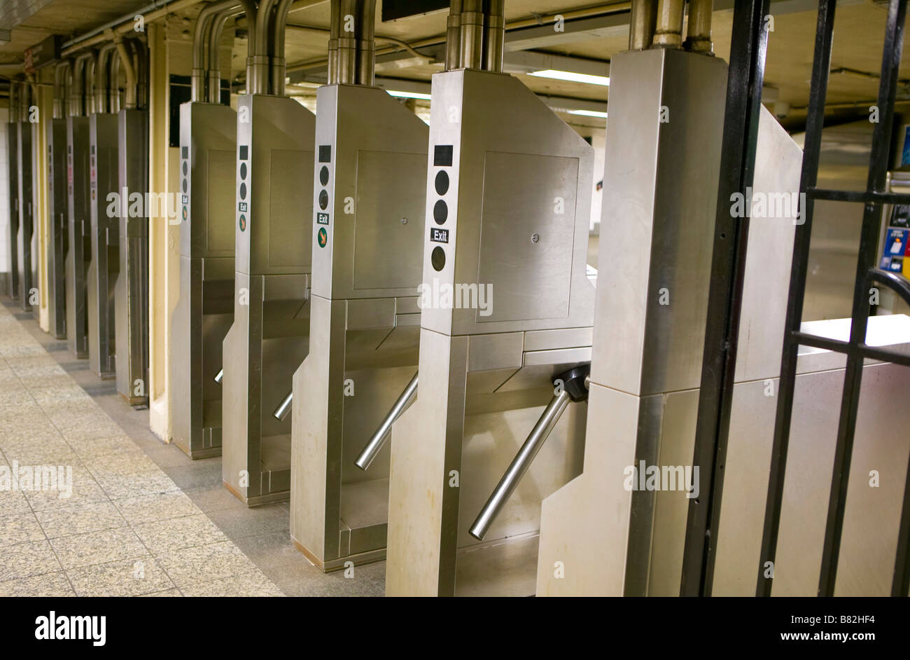 Manhattan, New York; Row of subway turnstiles Stock Photo