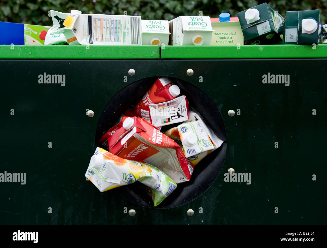 A beverage carton recycling bin at a recycling centre in Worcestershire Stock Photo
