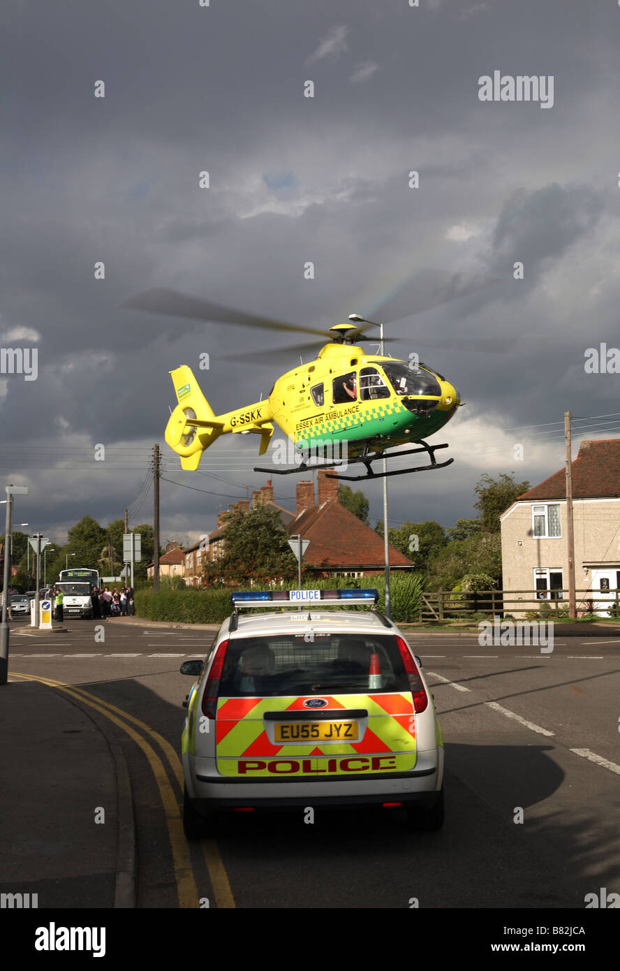 The Essex Air Ambulance attending an incident in Maldon Essex Stock Photo