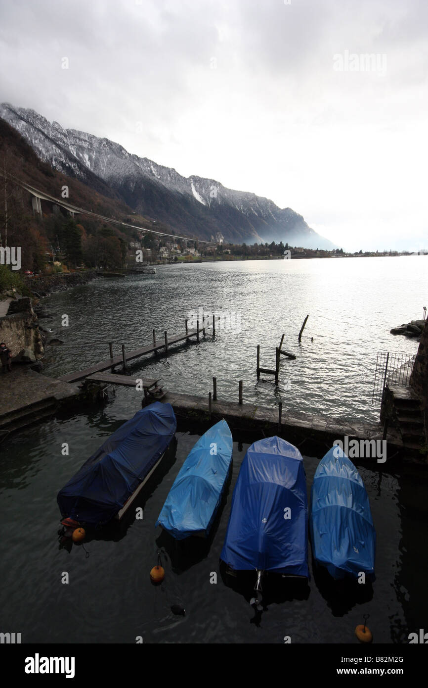 View of the Rhône Alps and Lac Léman from the Chateau de Chillon, Switzerland Stock Photo