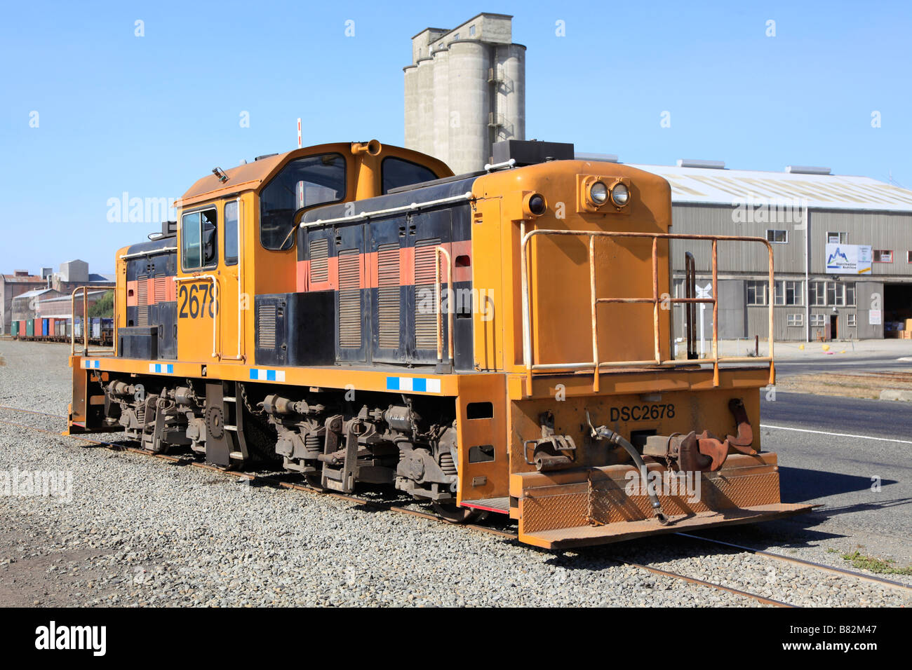 Diesel electric shunter  locomotive train on railway track,Timaru,Canterbury,South Island,New Zealand Stock Photo