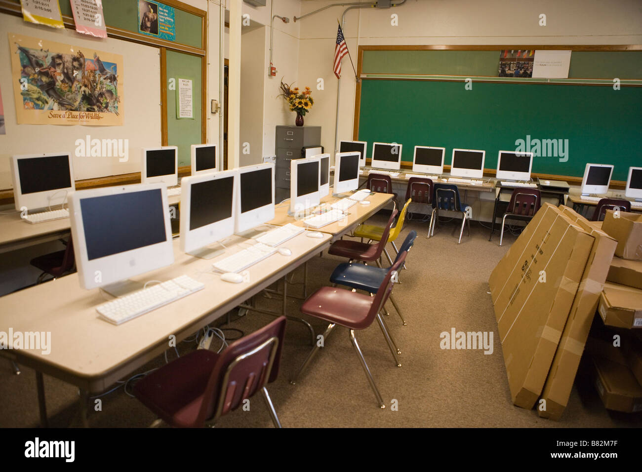 computer lab in public middle school, Mac computers, USA Stock Photo