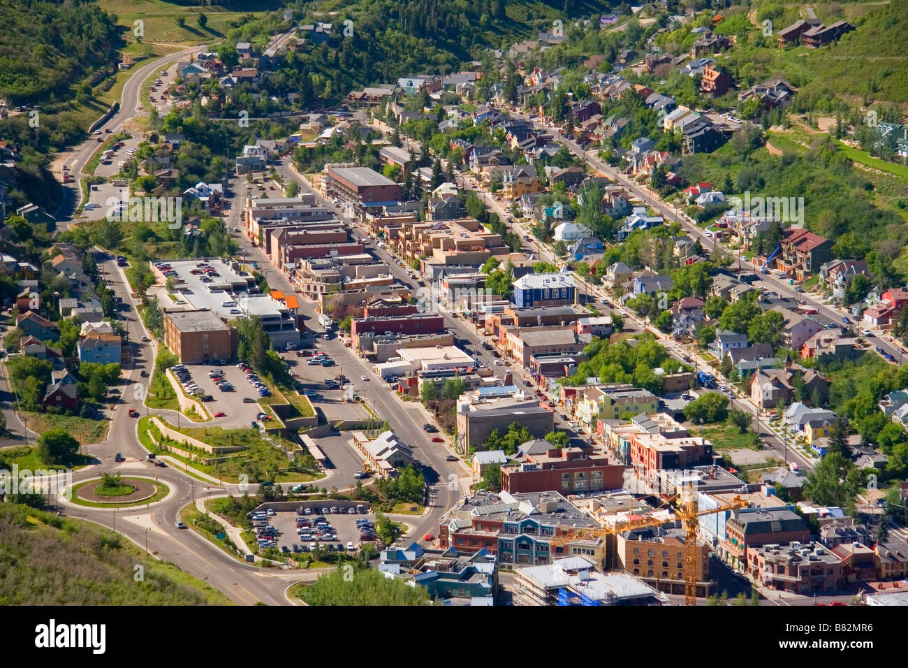 Aerial view of the Historic Main Street scection of Park City a year round resort town in the Wasatch Mountains of northern Utah Stock Photo
