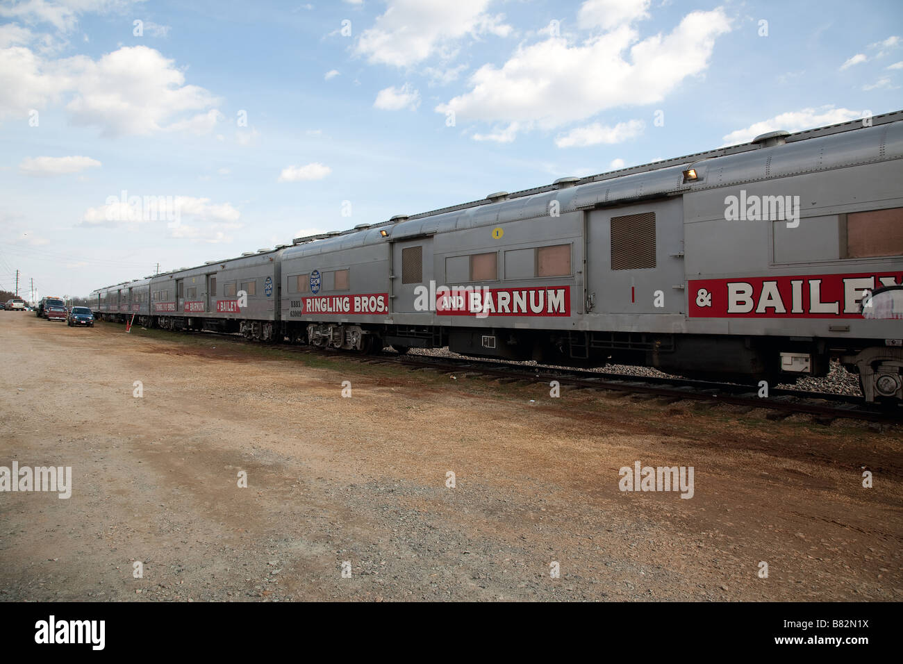 Cars from the Ringling Brothers and Barnum Bailey circus train which carries elephants and other large animals  Stock Photo