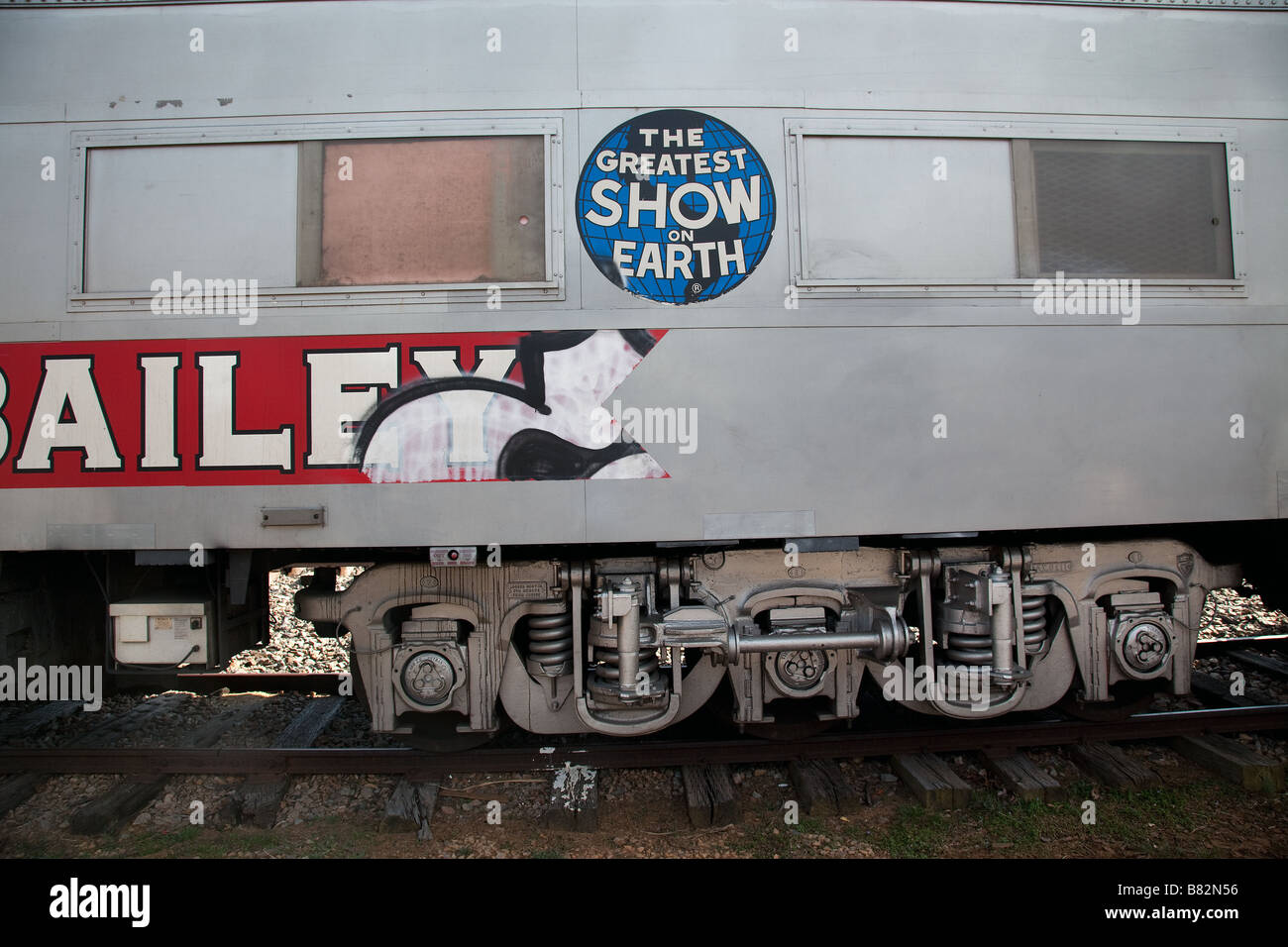 Cars from the Ringling Brothers and Barnum Bailey circus train which carries elephants and other large animals  Stock Photo