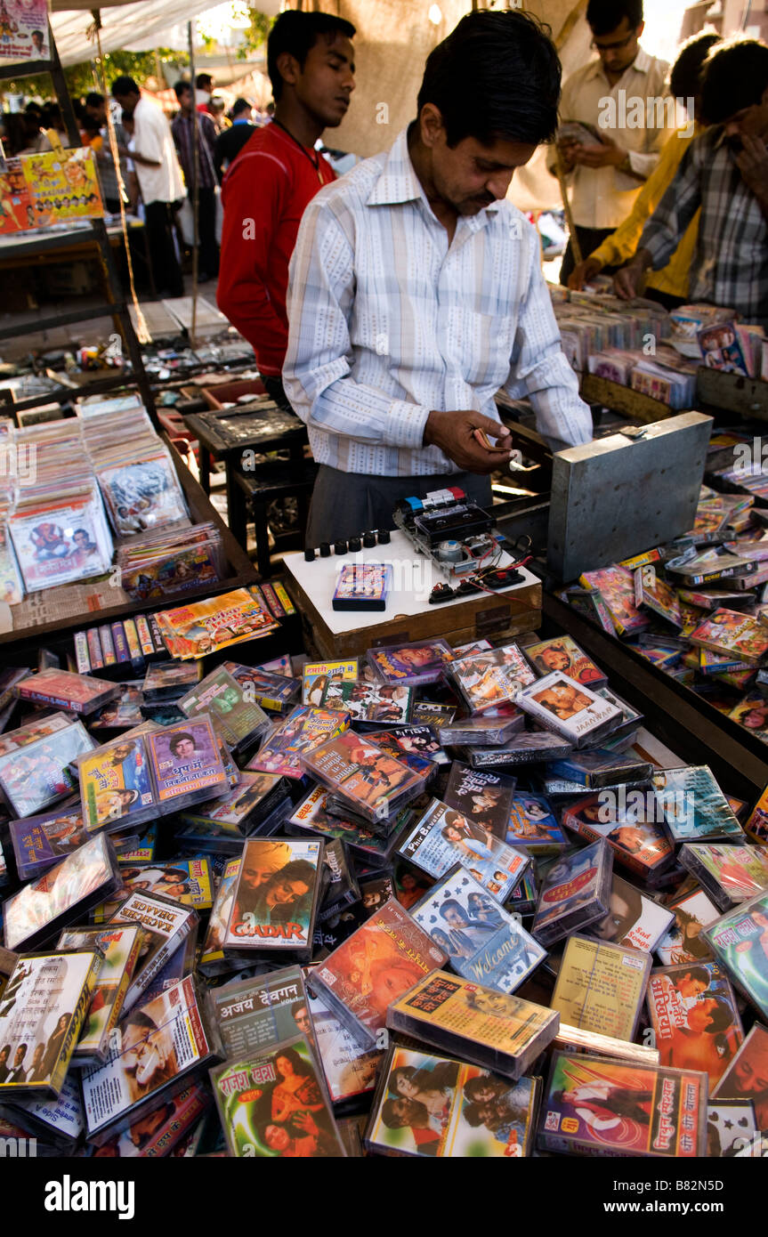 bollywood movie soundtracks on sale in a local market in India. all this tapes are part of the black market industry. Stock Photo