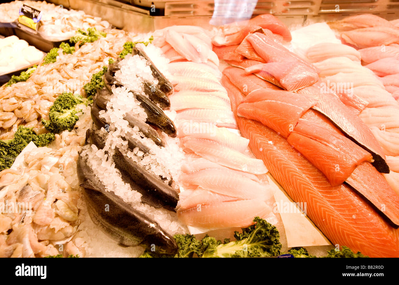 Shrimp trout dover sole salmon petrale sole red snapper on ice in a supermarket display case Stock Photo