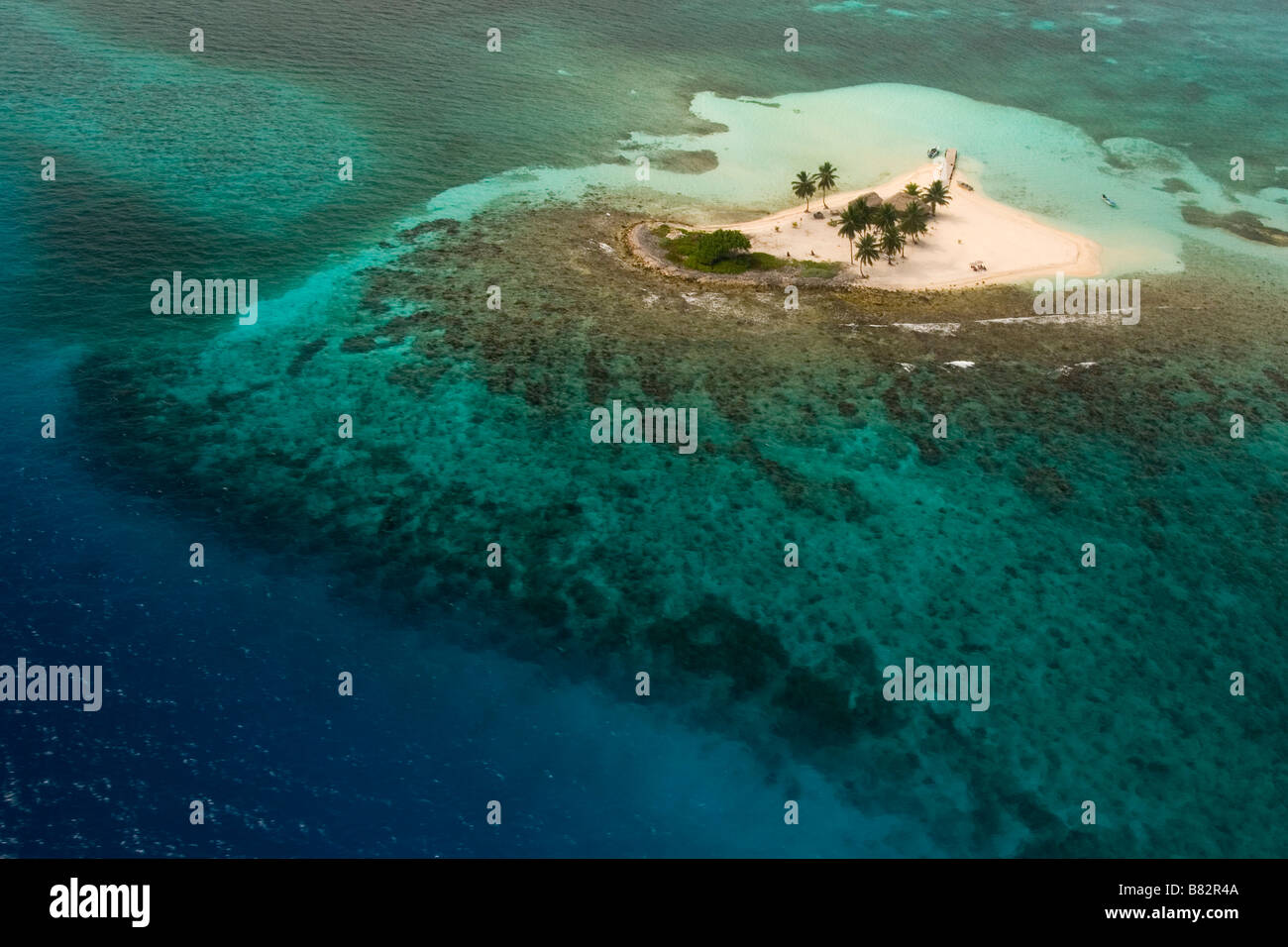Aerial view Belize coral reefs and island, tropical island, atoll, paradise, island, ocean, sea, coral reef, tropical reef Stock Photo