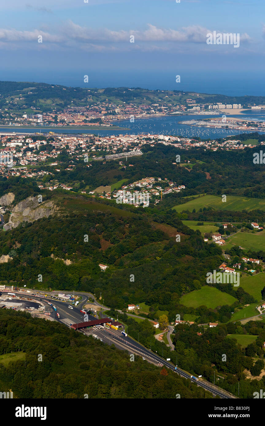 Aerial view of Hendaye and Irun cities in the Pays Basque France and Spain Stock Photo