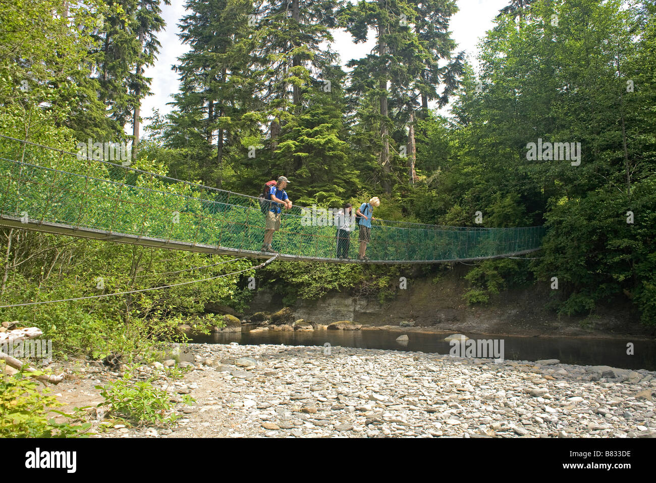 BRITISH COLUMBIA Hikers on the Sombrio River suspension bridge on