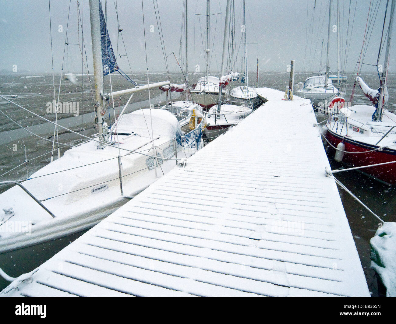 Snow covered boats along side pontoon at low tide Stock Photo
