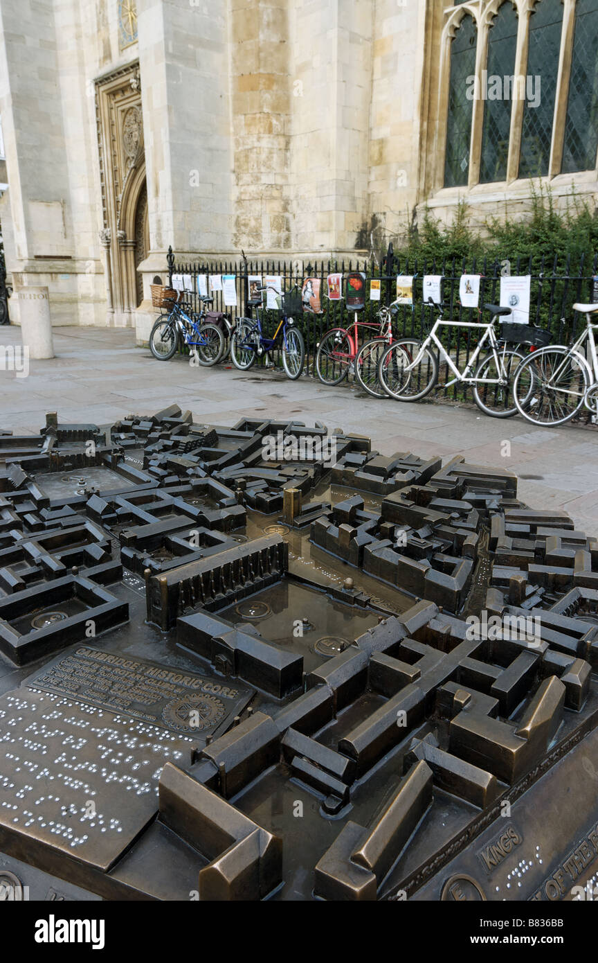 A model of Cambridge city centre with bikes parked against railings Stock Photo