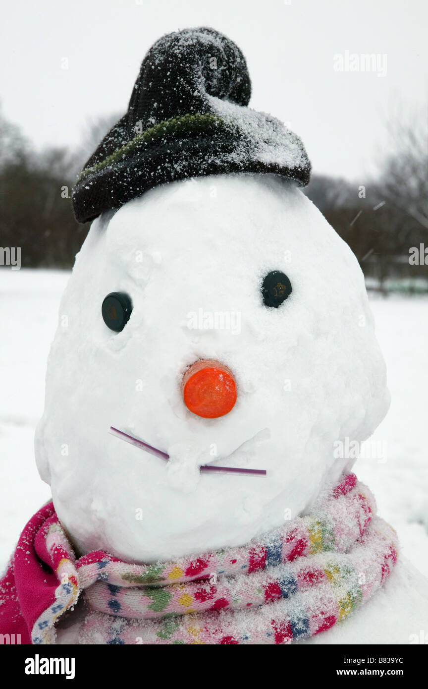 detail closeup of snowman face including the carrot for a nose and 