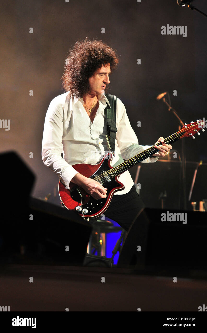 Brian May of Queen performs at a concert in London Stock Photo