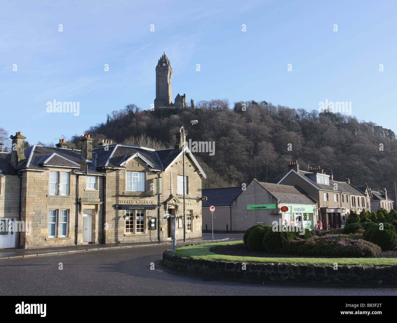 The William Wallace pub and William Wallace Monument Stirling Scotland  January 2009 Stock Photo