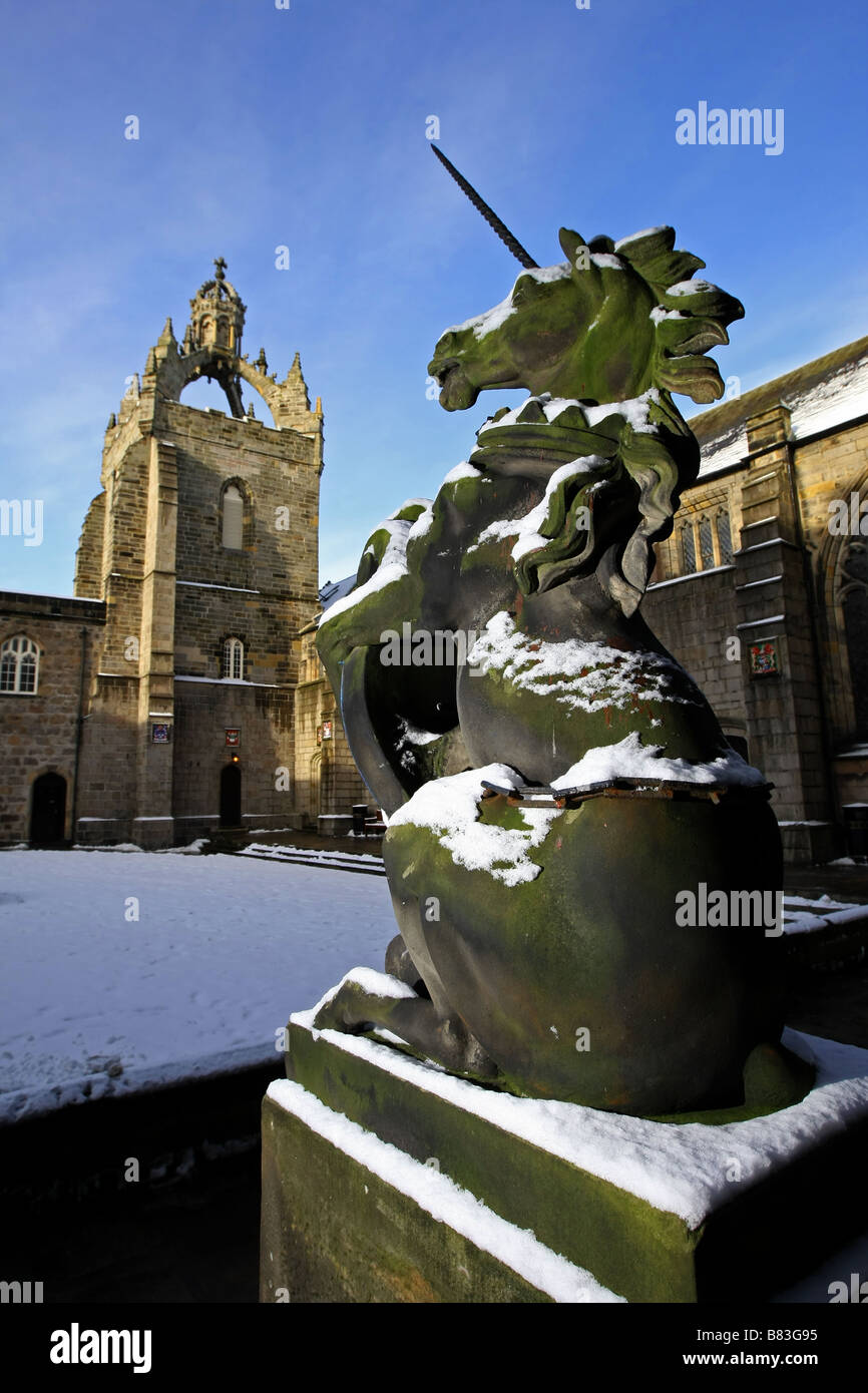 Kings College at the University in Old Aberdeen, with the chapel, tower and quad visible, covered in snow during winter Stock Photo