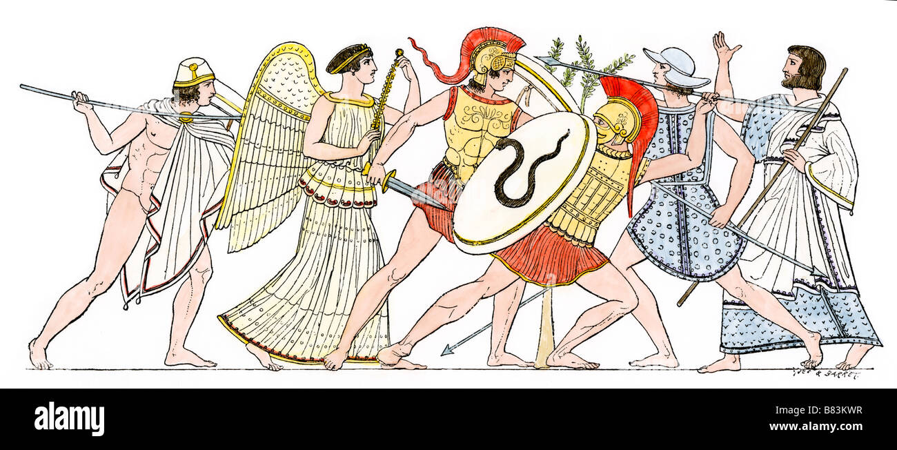 Achilles in battle in the Trojan Wars. Hand-colored woodcut Stock Photo