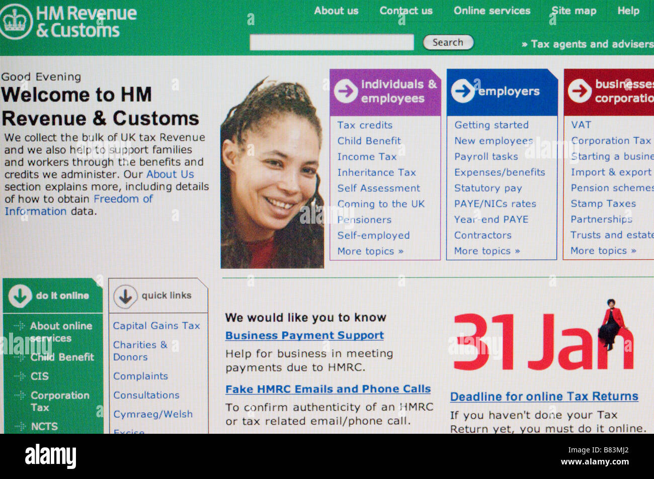 Home page on the website of HM Revenue & Customs where the self employed can fill in their uk tax returns Stock Photo